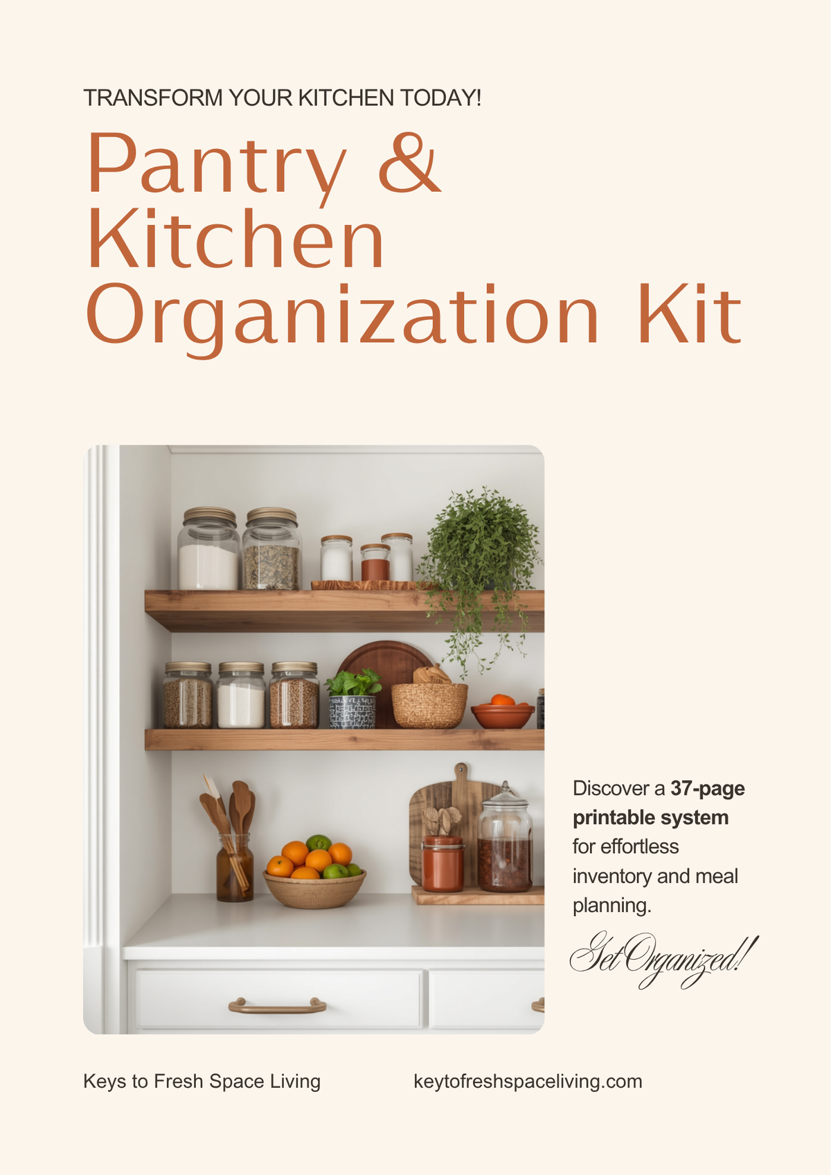 Pantry & Kitchen Organization Kit — 37-page printable digital download cover by Keys to Fresh Space Living