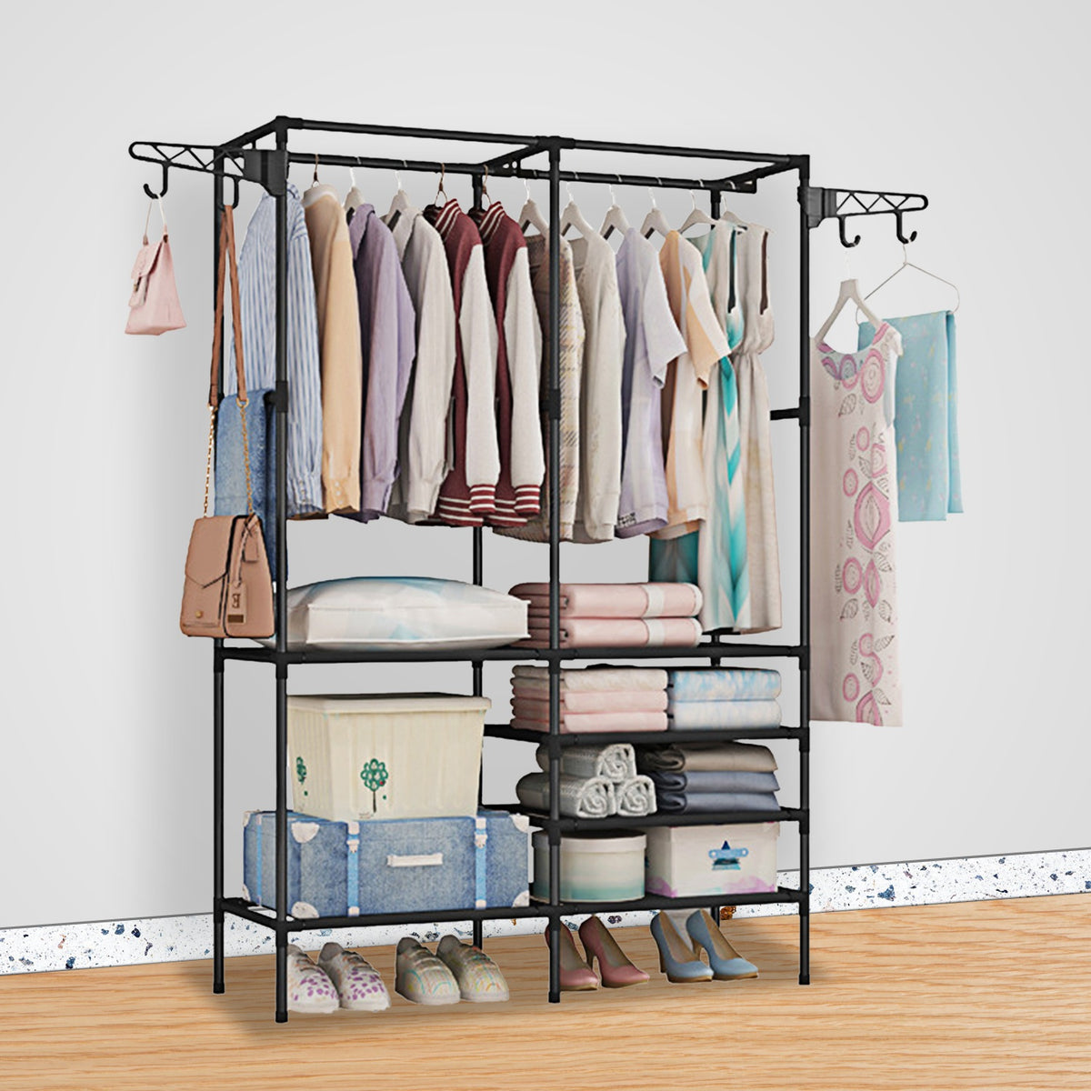Freestanding double garment rack with fabric shelves and side hooks