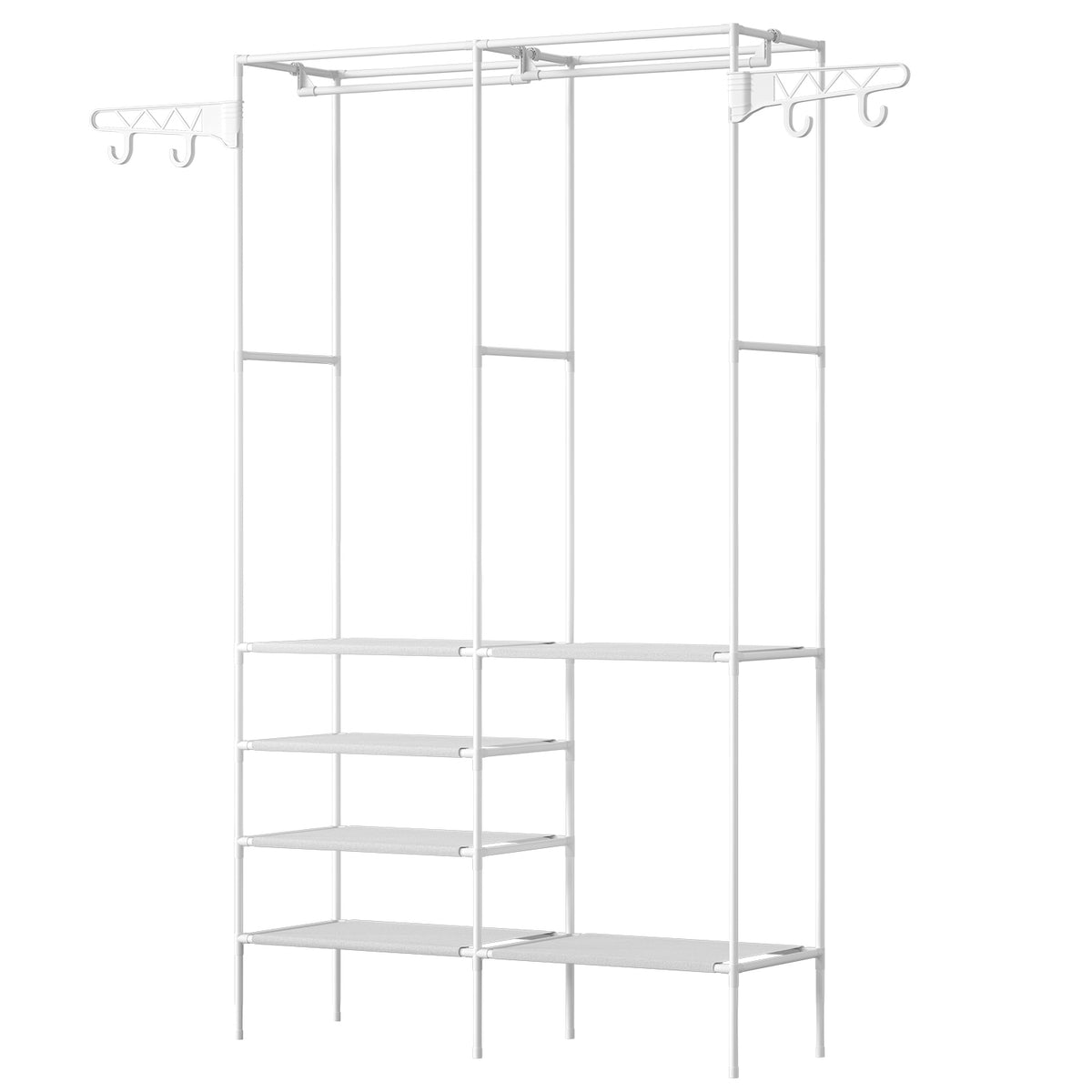 Freestanding double garment rack with fabric shelves and side hooks