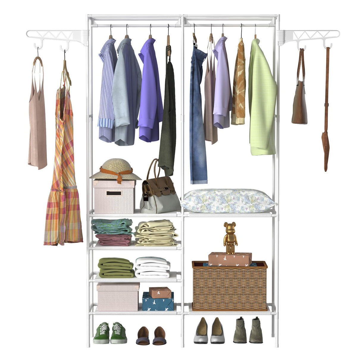 Freestanding double garment rack with fabric shelves and side hooks