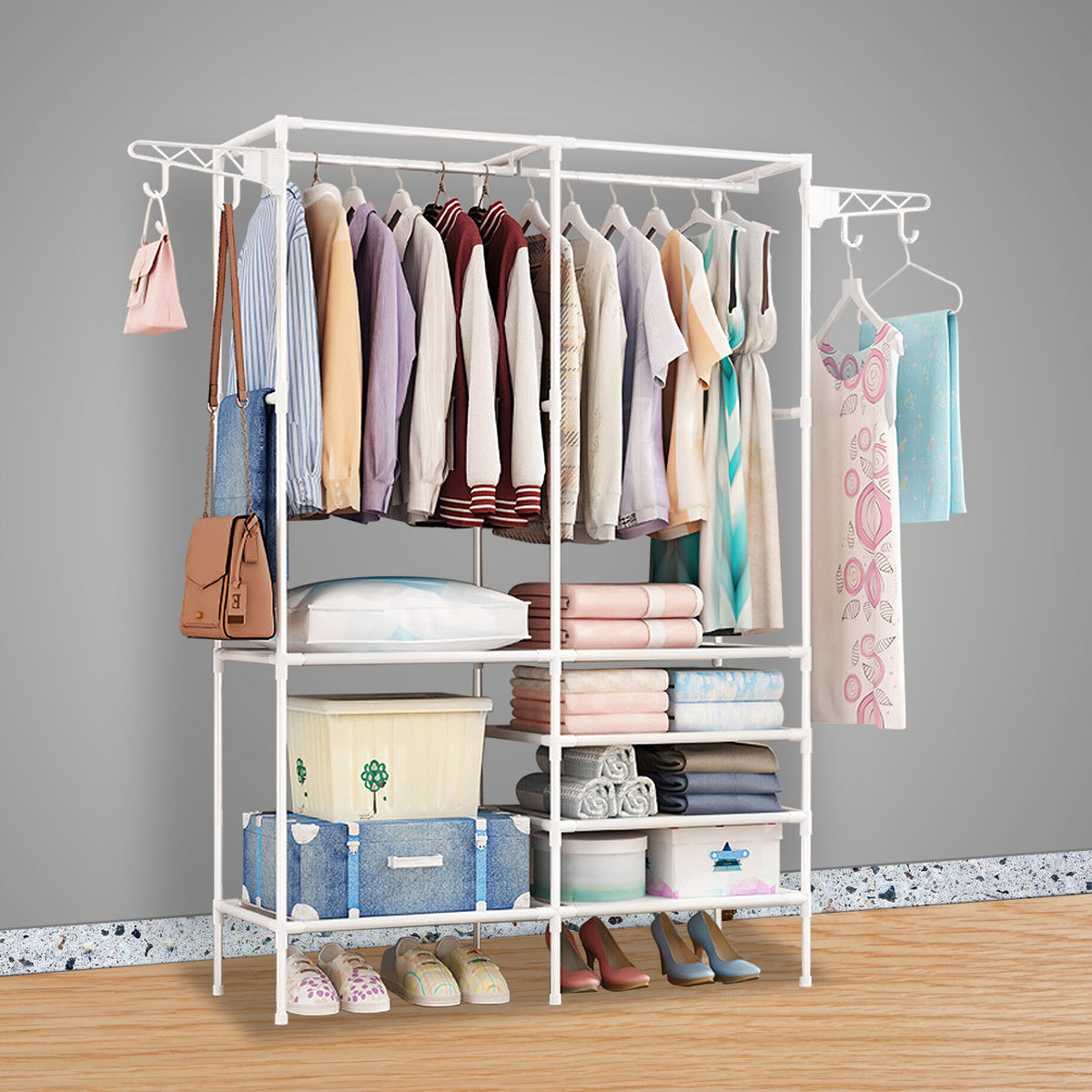 Freestanding double garment rack with fabric shelves and side hooks