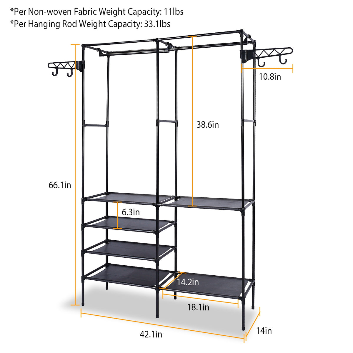 Freestanding double garment rack with fabric shelves and side hooks