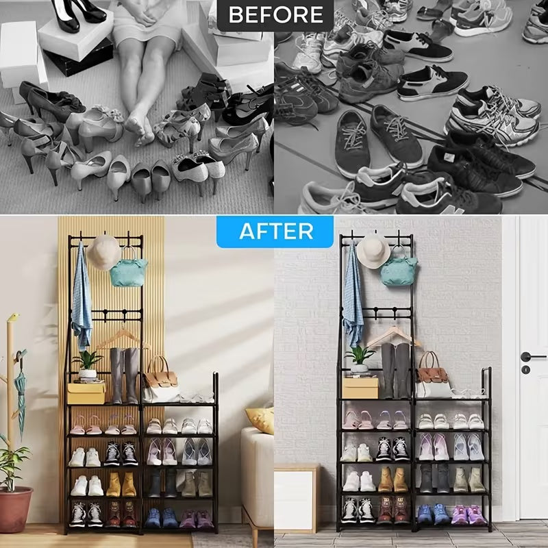 Before and after: shoes on the floor, then organized on the rack