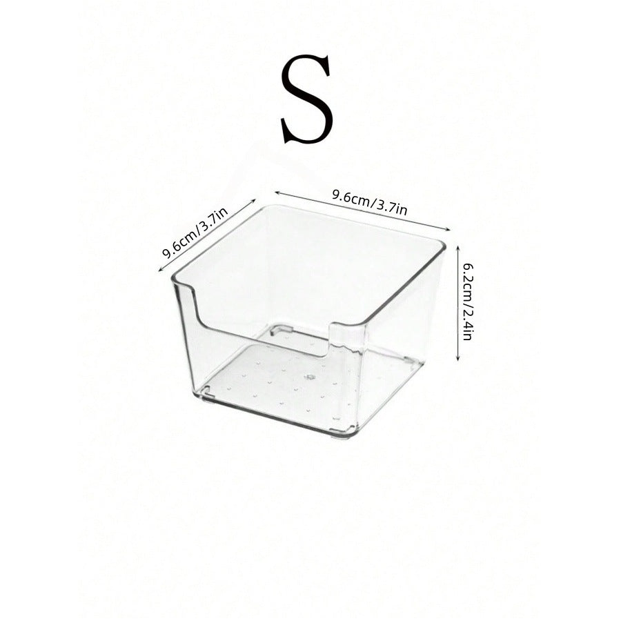 Small clear bin, about 3.7 x 3.7 x 2.4 in