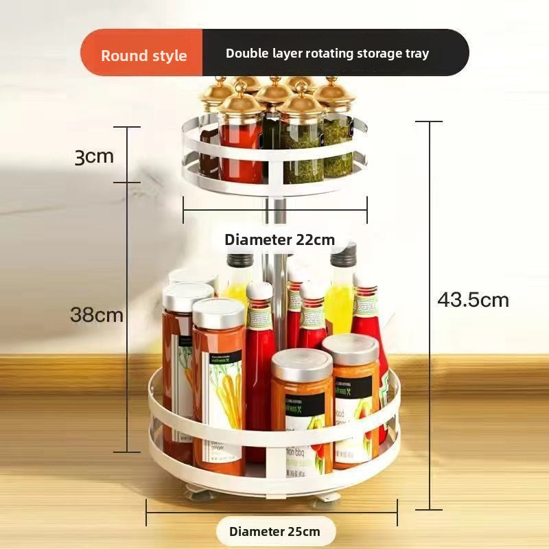 White two-tier round rotating spice rack holding jars and sauce bottles, about 17.1 in tall