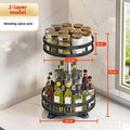 Black two-tier round rotating spice rack holding spice jars and bottles, about 17.1 in tall with 8.7 in and 9.8 in tiers