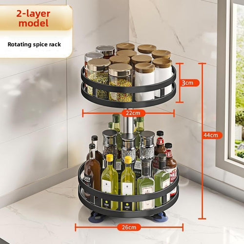 Black two-tier round rotating spice rack holding spice jars and bottles, about 17.1 in tall with 8.7 in and 9.8 in tiers