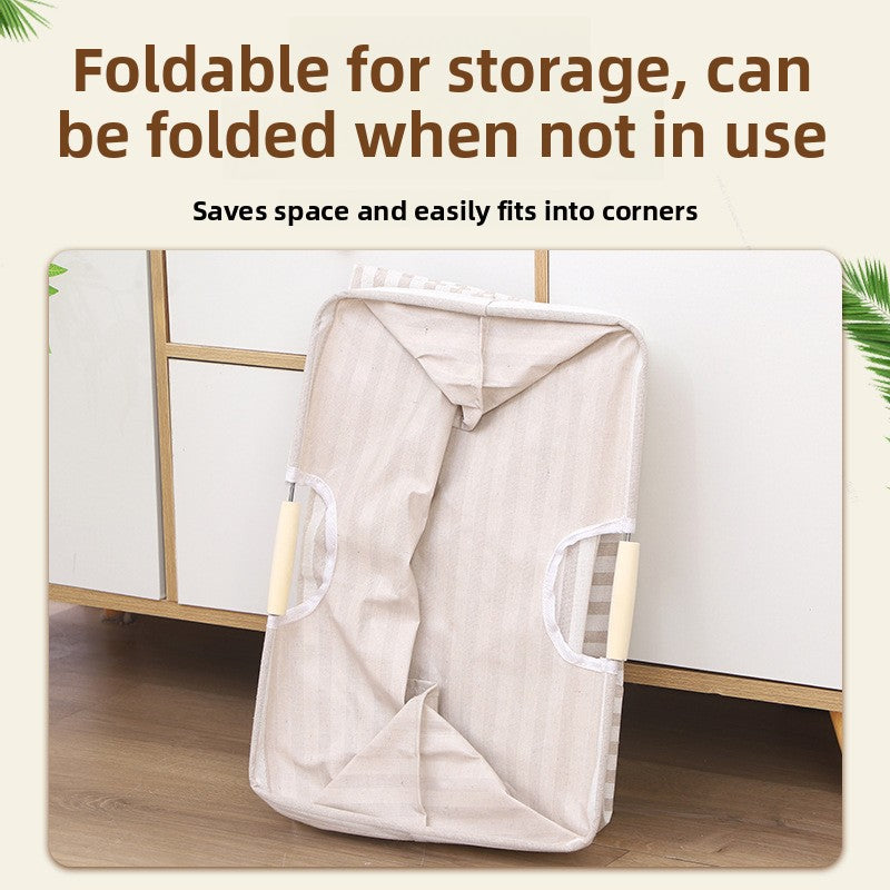 Cotton linen foldable laundry basket with wooden handles