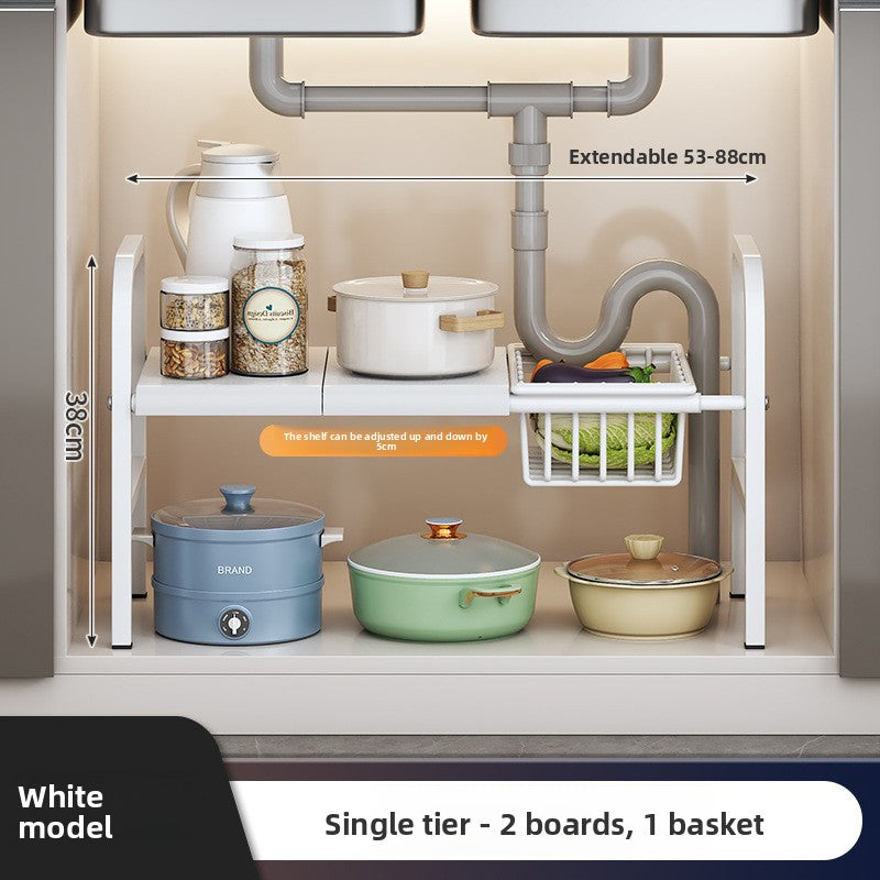 SpaceLift Expandable Cabinet Organizer | Adjustable Shelf & Sliding Basket Storage System
