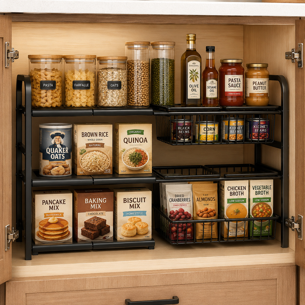 SpaceLift Expandable Cabinet Organizer | Adjustable Shelf & Sliding Basket Storage System