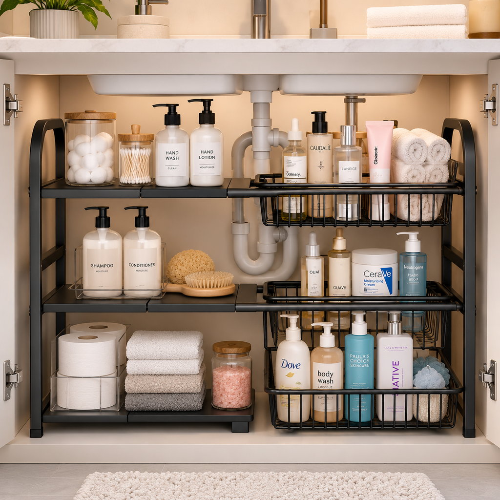 SpaceLift Expandable Cabinet Organizer | Adjustable Shelf & Sliding Basket Storage System