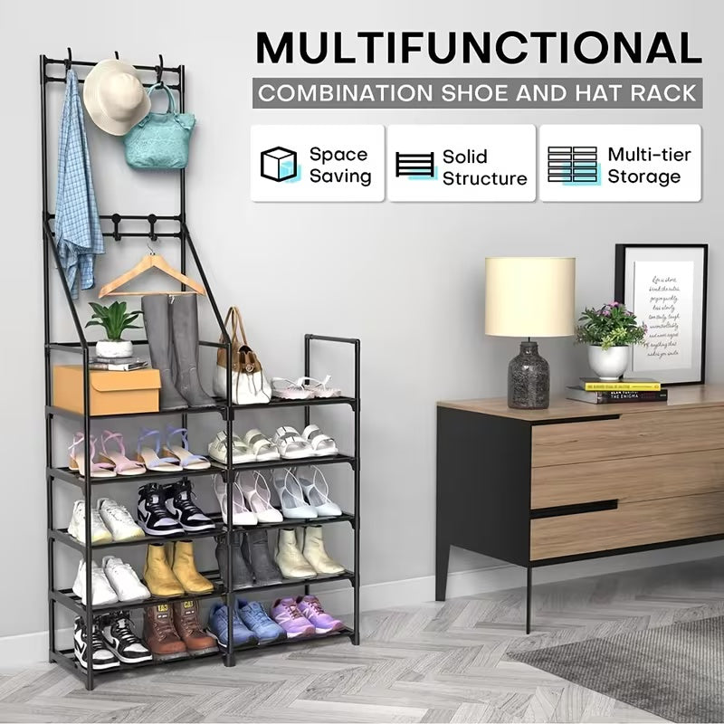 Coat and shoe rack in a hallway, black metal frame