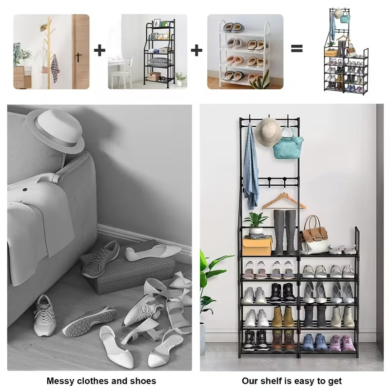 Coat and shoe rack combining hooks, shelf and shoe tiers