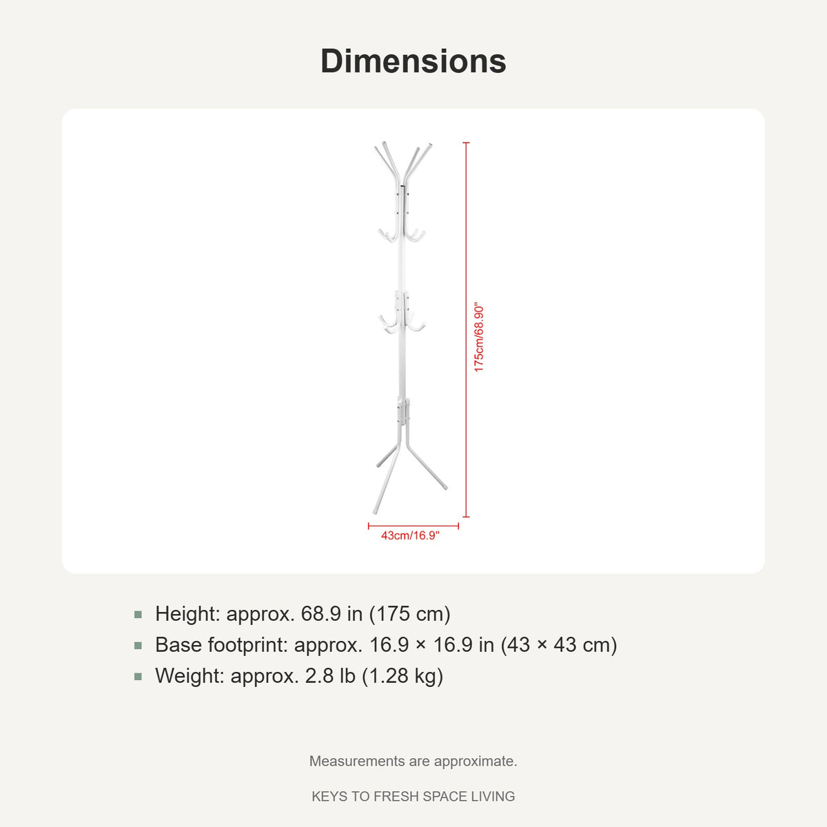 Coat rack dimensions 175 cm tall, 43 cm base