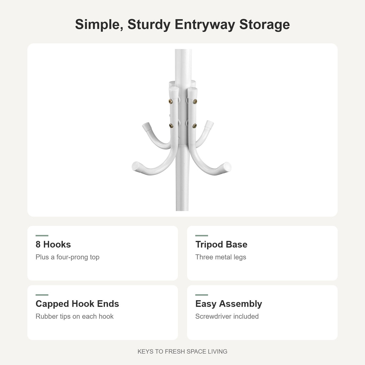 Coat rack features: hooks, tripod base, capped ends, easy assembly