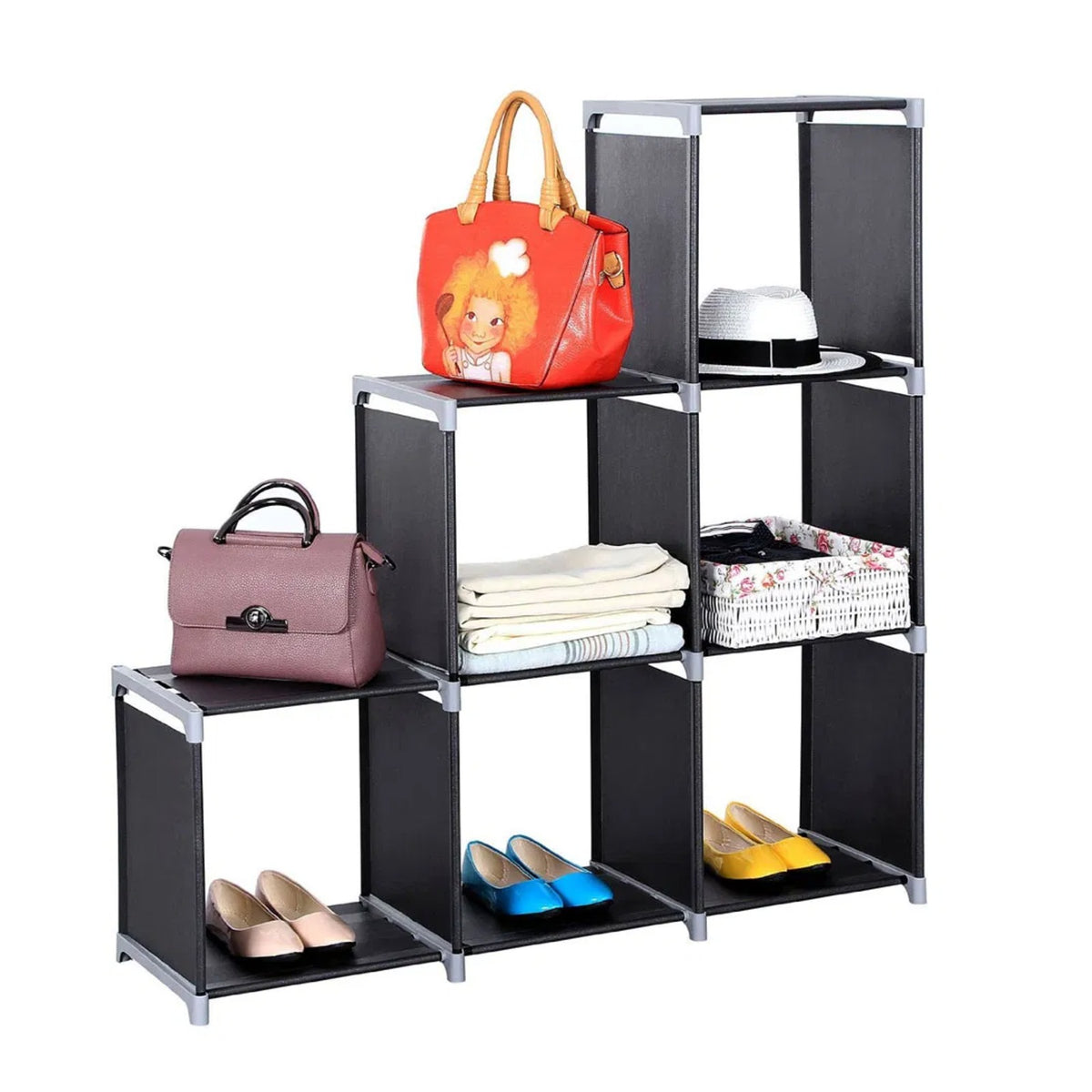 Cube shelf holding shoes, bags, towels and a hat