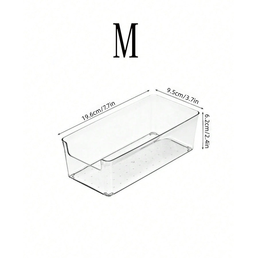 Medium clear bin, about 7.7 x 3.7 x 2.4 in