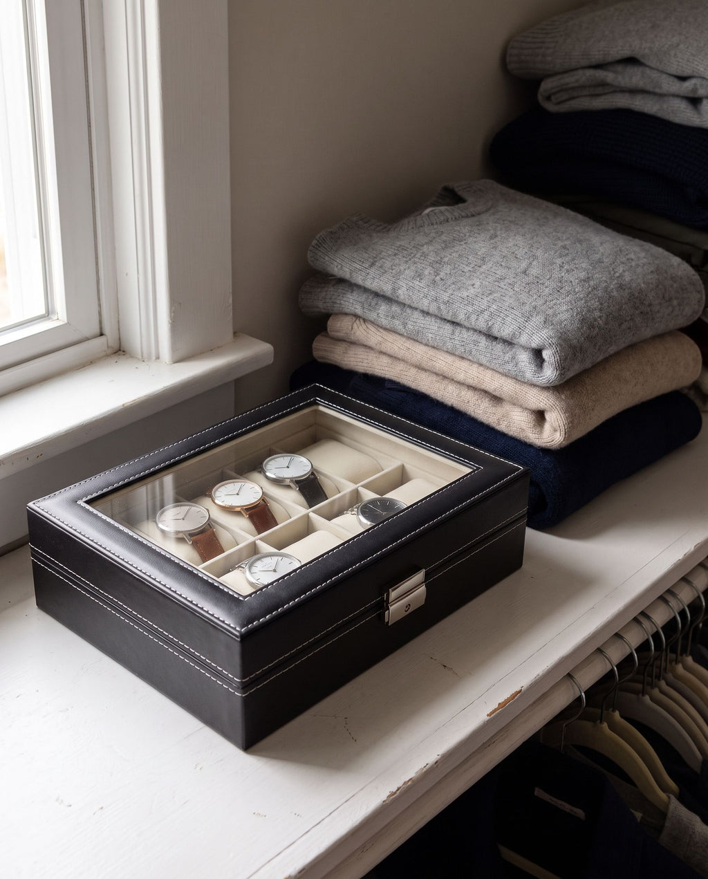 10-slot watch box closed on a closet shelf, watches visible through the window lid (watches not included)