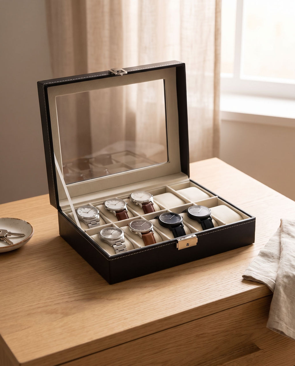 10-slot watch box open on a bedroom dresser holding six watches (watches not included)