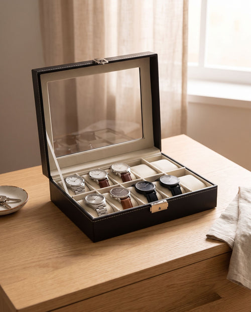 10-slot watch box open on a bedroom dresser holding six watches (watches not included)