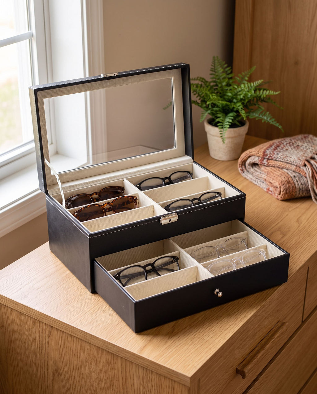 Eyewear organizer on a dresser with glasses and sunglasses in both tiers (eyewear not included)