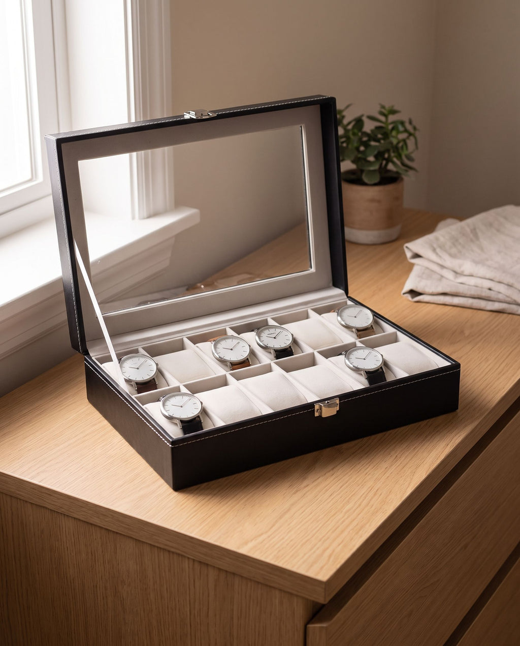 12-slot watch case open on a dresser holding seven watches (watches not included)