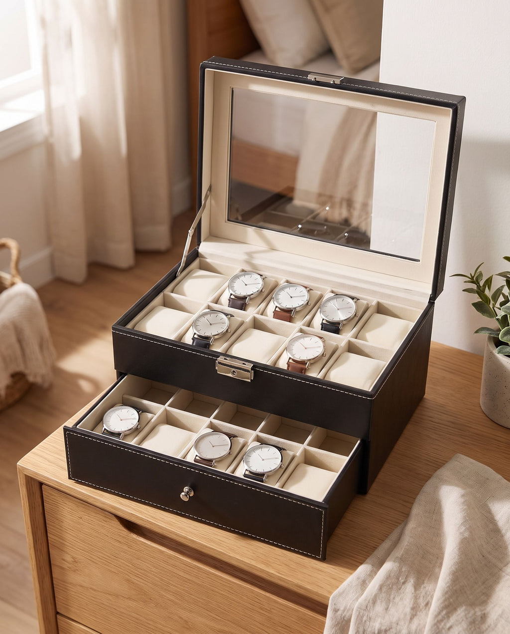 Two-tier 20-slot watch box on a dresser with lid open and drawer out, holding watches (watches not included)