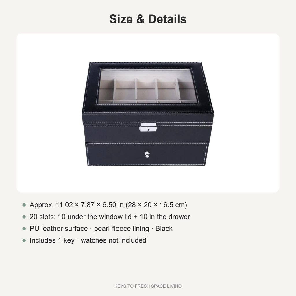 20-slot watch box size: about 11.02 x 7.87 x 6.50 in