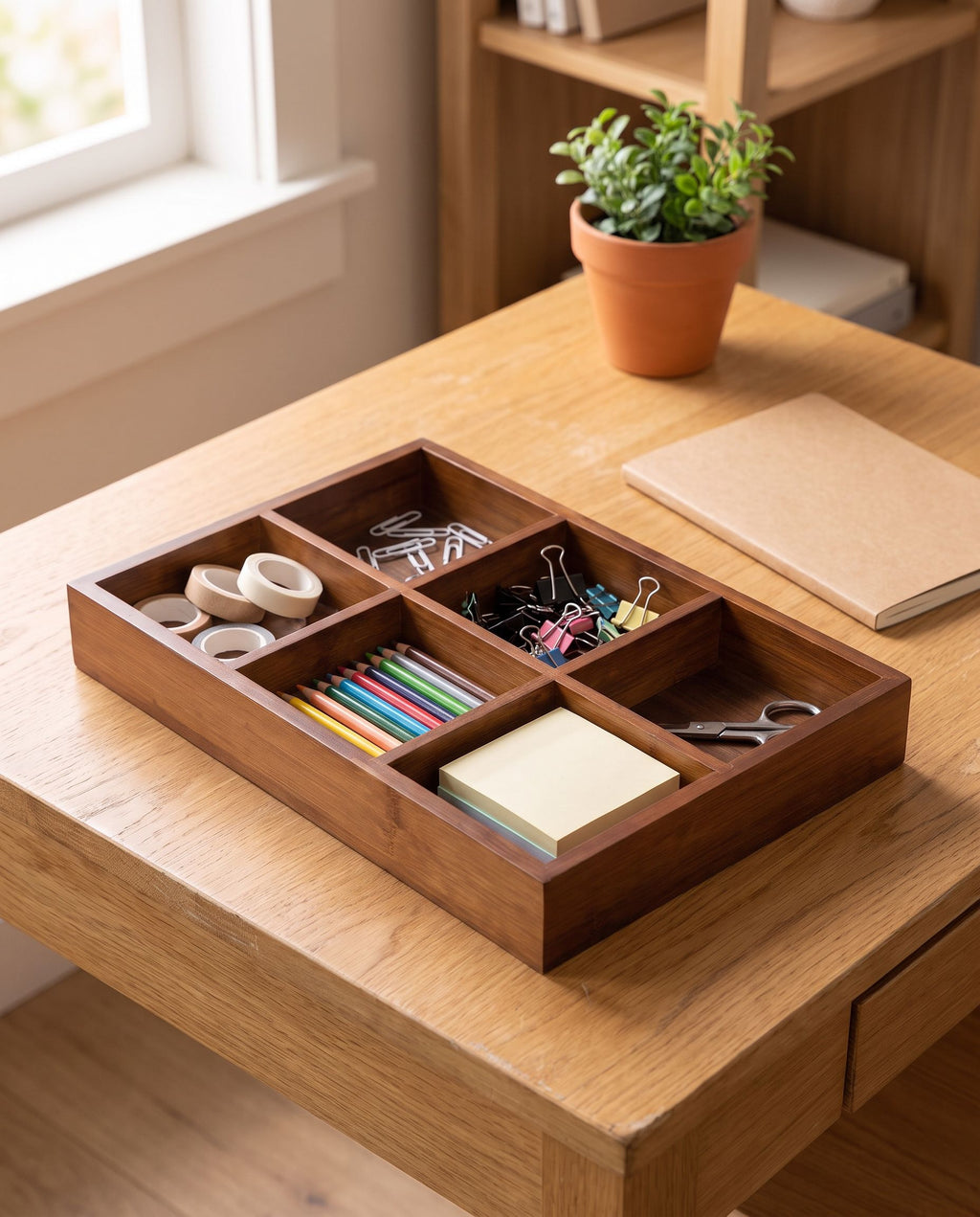 6-section walnut-tone bamboo tray organizing desk and craft supplies (contents not included)