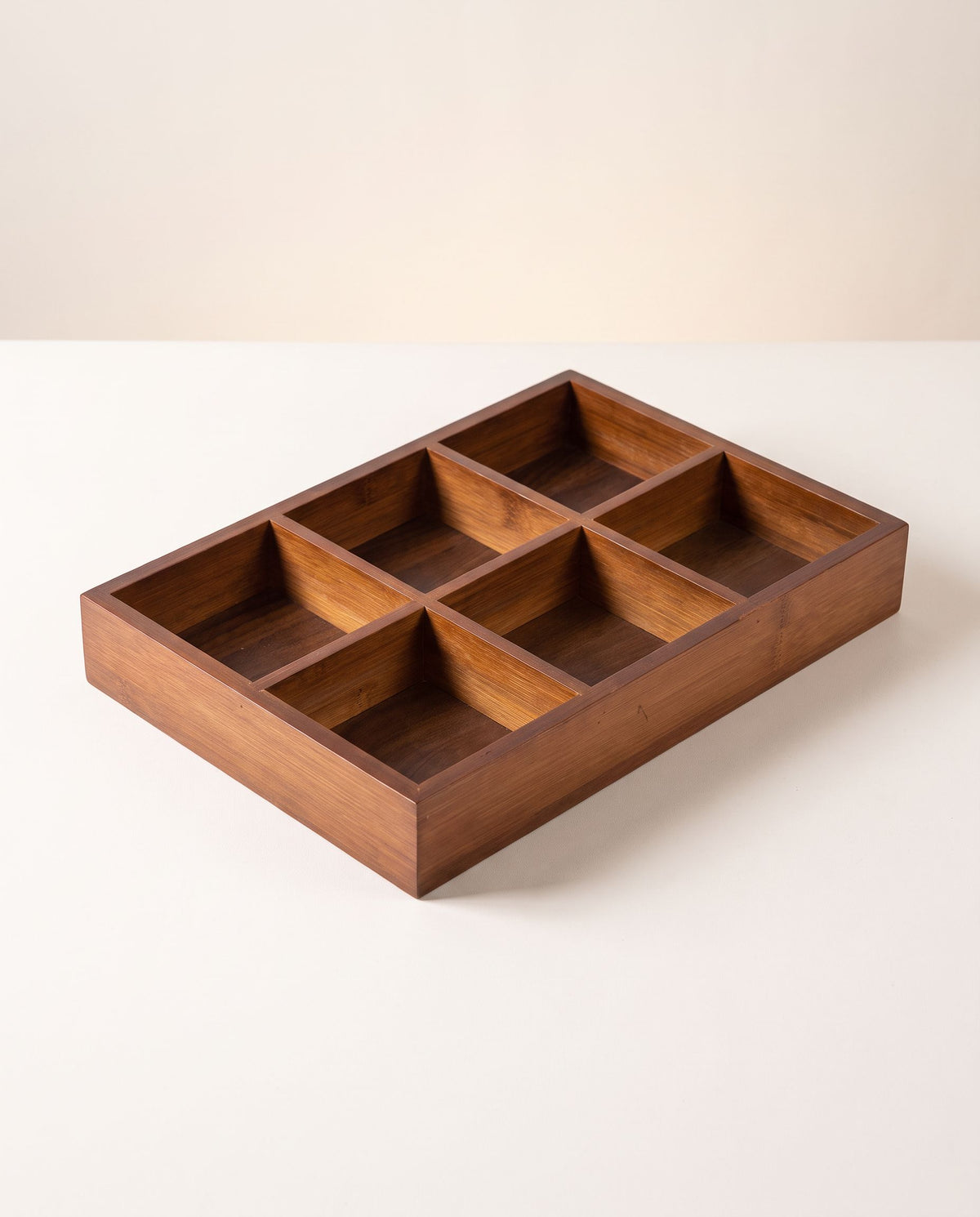 6-section walnut-tone bamboo compartment tray, empty