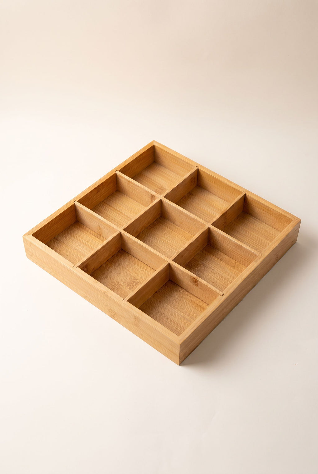 9-section natural bamboo compartment tray, 3 x 3 grid, empty