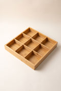 9-section natural bamboo compartment tray, 3 x 3 grid, empty