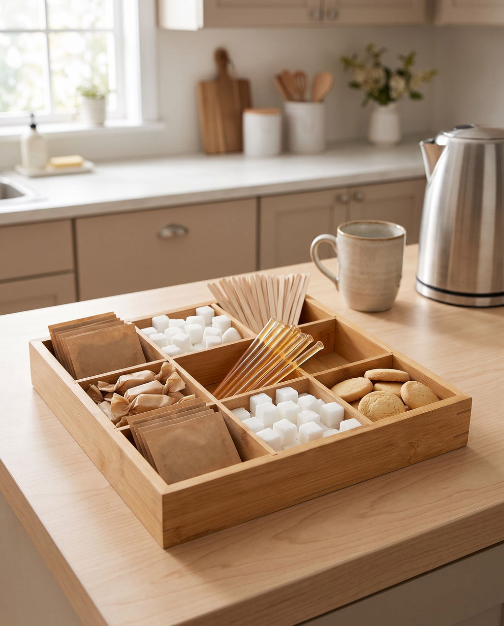 9-section natural bamboo tray used as a tea and coffee station (contents not included)