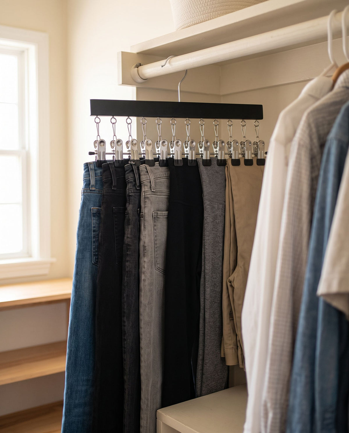FlexClip organizer on a closet rod holding 12 pairs of jeans and leggings in one row (clothing not included)