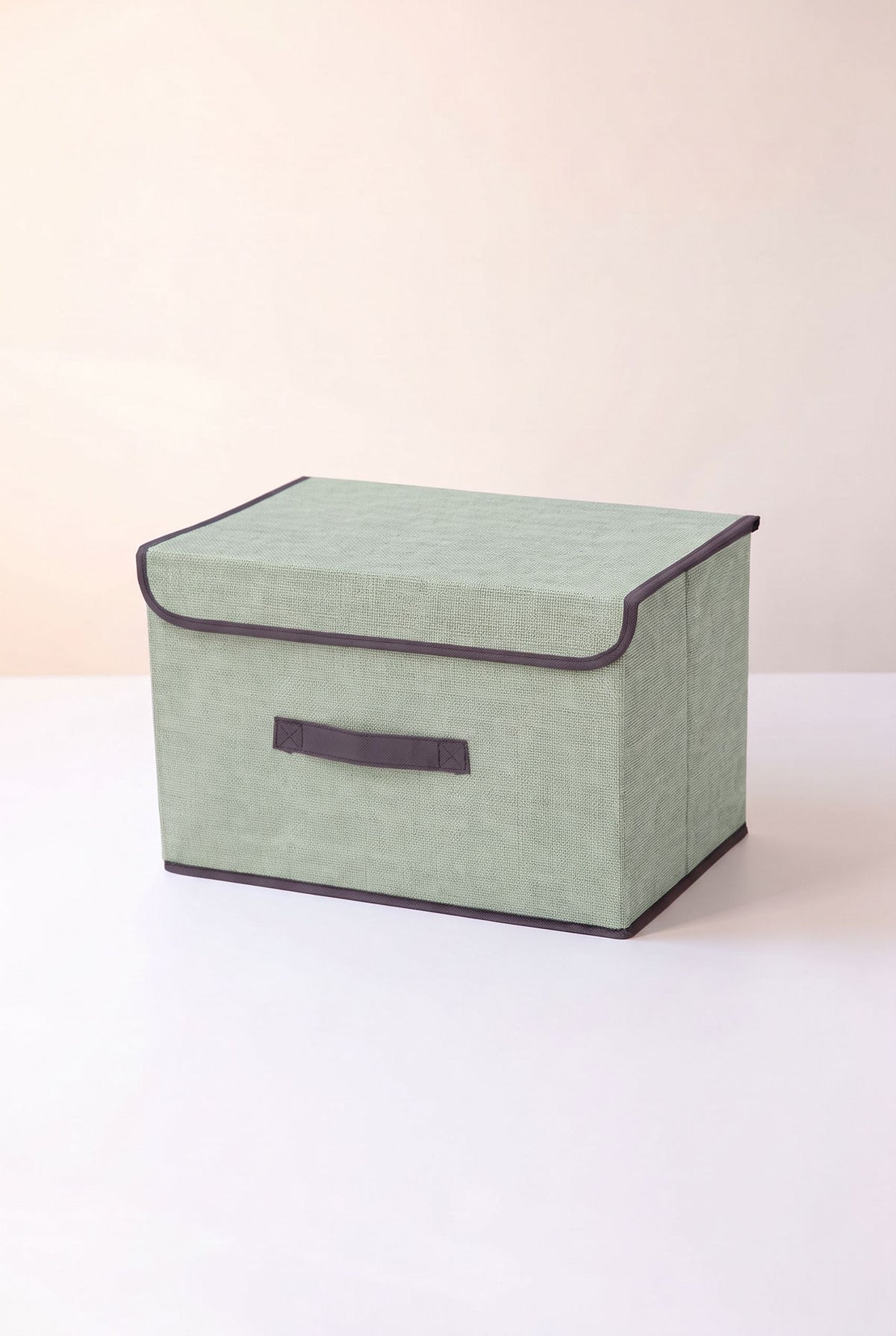 Light green foldable fabric storage box with flip cover and front handle