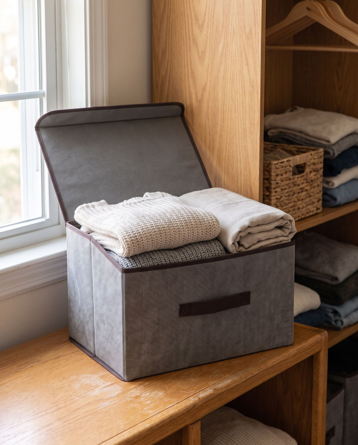 Gray storage box with the flip cover open holding folded sweaters (contents not included)