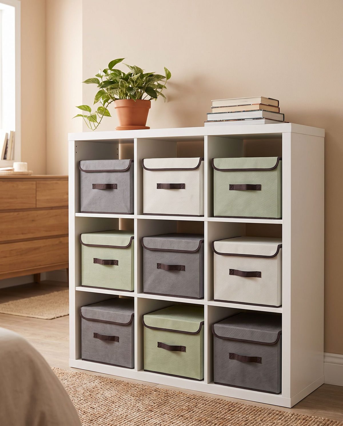 Foldable storage boxes in gray, off-white and light green on a cube shelf (each box sold separately or as a set per option)