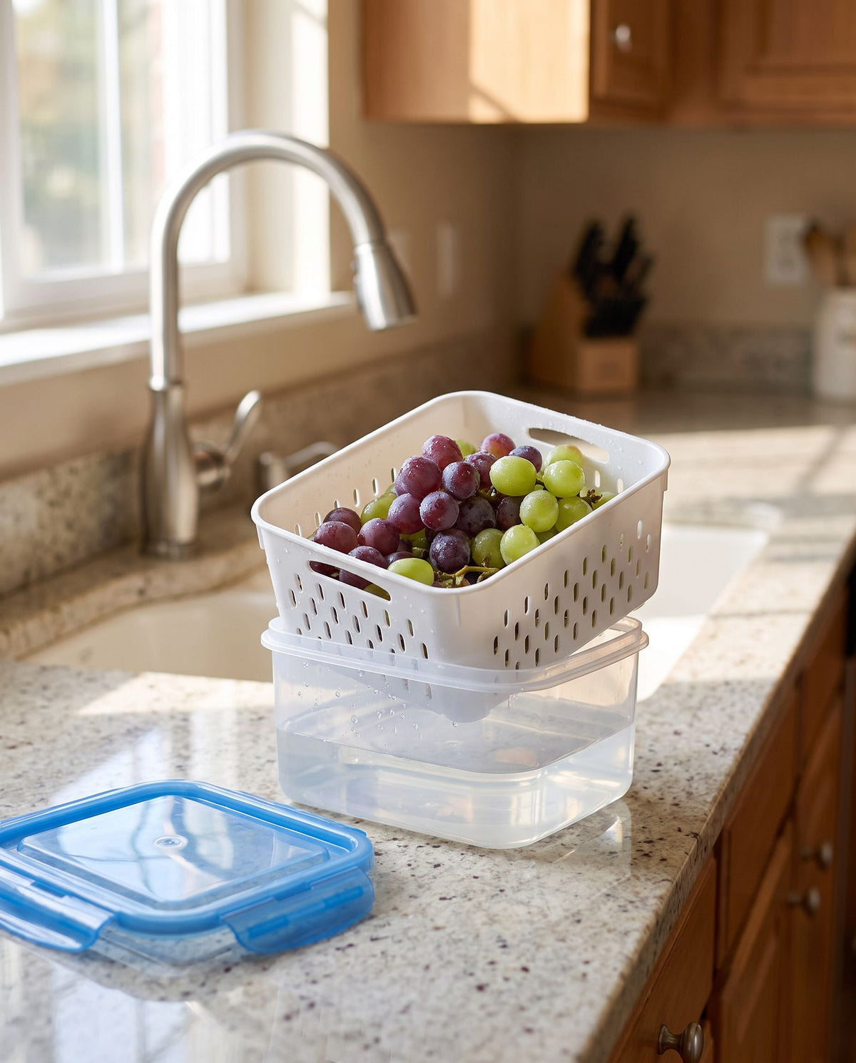 FreshKeep drain basket lifted out with rinsed grapes, container and blue lid beside the sink (produce not included)