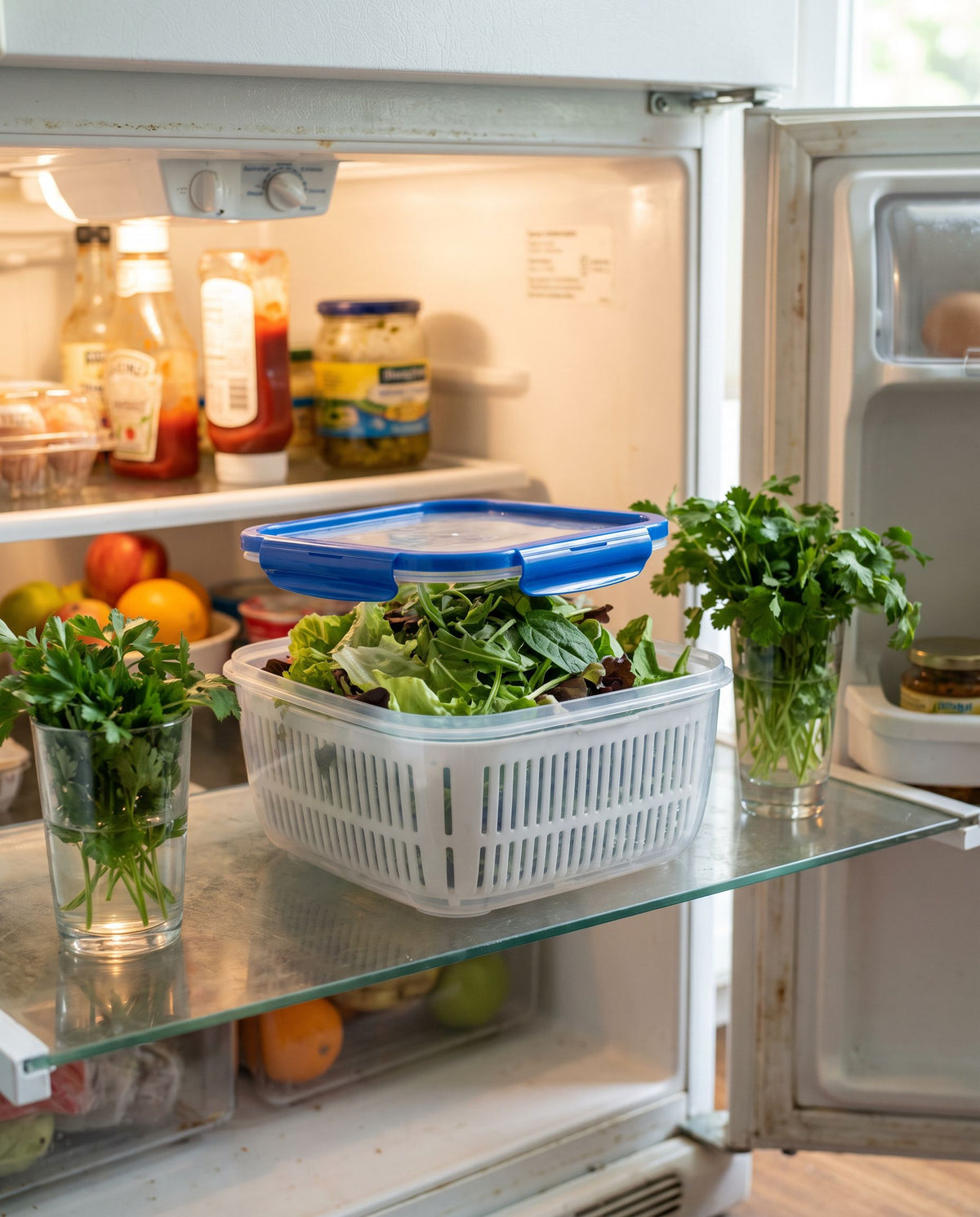 FreshKeep produce container with salad greens on a refrigerator shelf (produce not included)