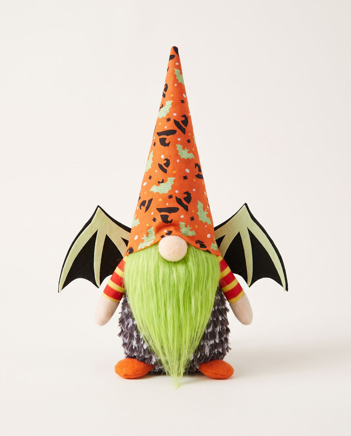 Halloween plush gnome with orange bat-print hat, lime green beard and pale bat wings