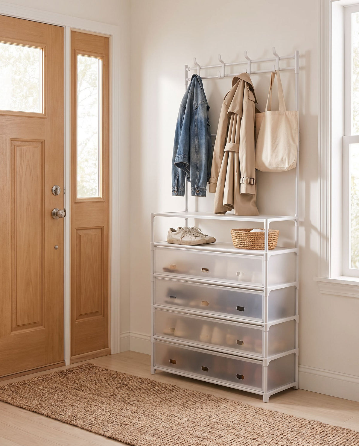 White hall tree by a front door holding coats, a tote and shoes (items not included)