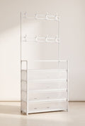 White entryway hall tree with 8 hooks in two rows and five shelf tiers with vented front panels, empty