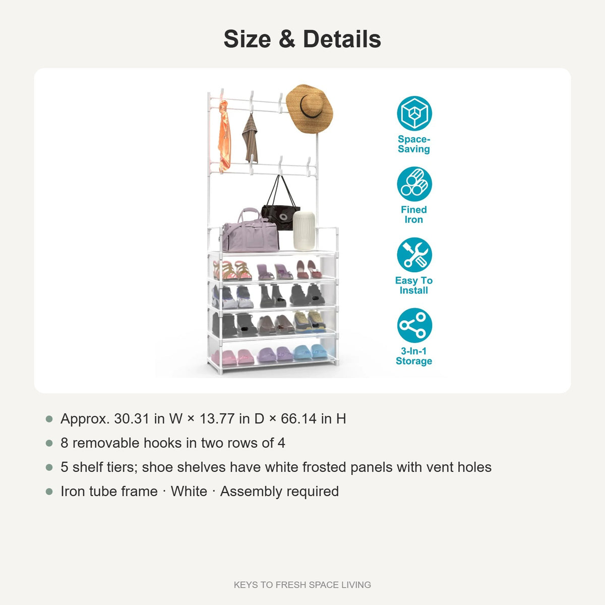 Hall tree size: about 30.3 x 13.8 x 66.1 in