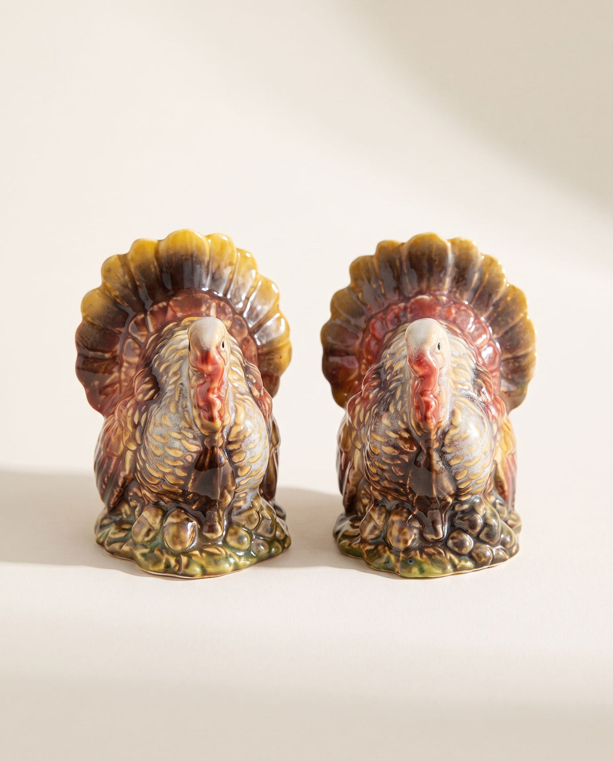 Pair of glazed ceramic turkey salt and pepper shakers with fanned tails