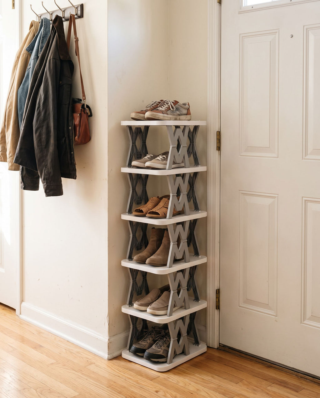 6-tier vertical shoe rack beside a front door holding six pairs of shoes (shoes not included)