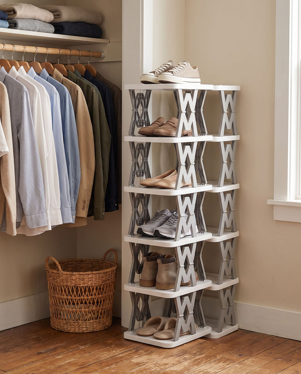 6-tier vertical shoe rack in a bedroom closet corner holding shoes (shoes not included)