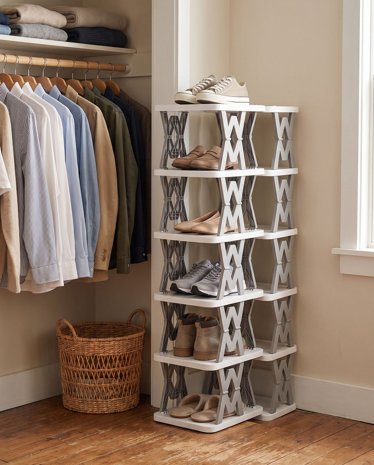 6-tier vertical shoe rack in a bedroom closet corner holding shoes (shoes not included)