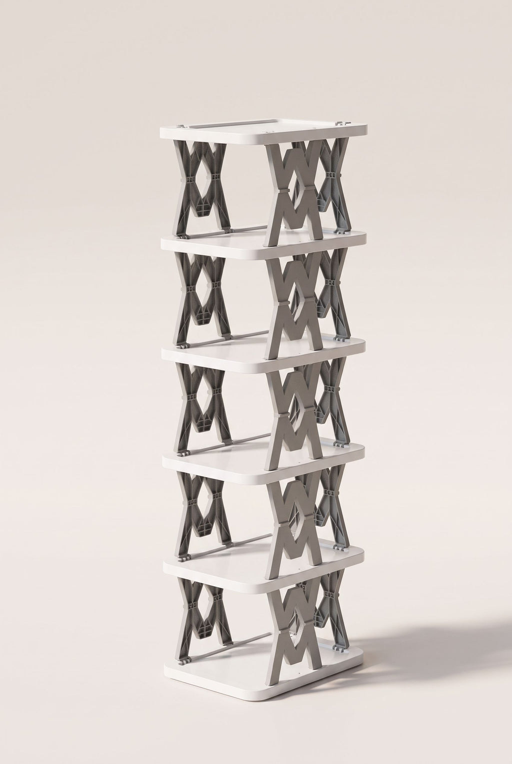 Grey and white 6-tier foldable vertical shoe rack, empty