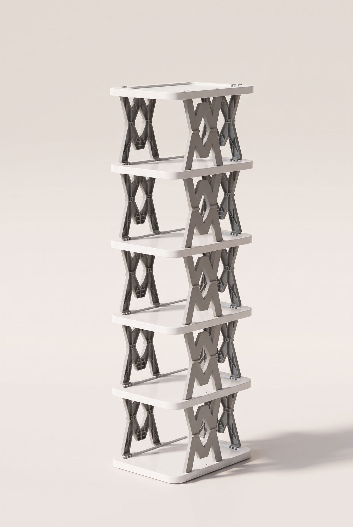 Grey and white 6-tier foldable vertical shoe rack, empty