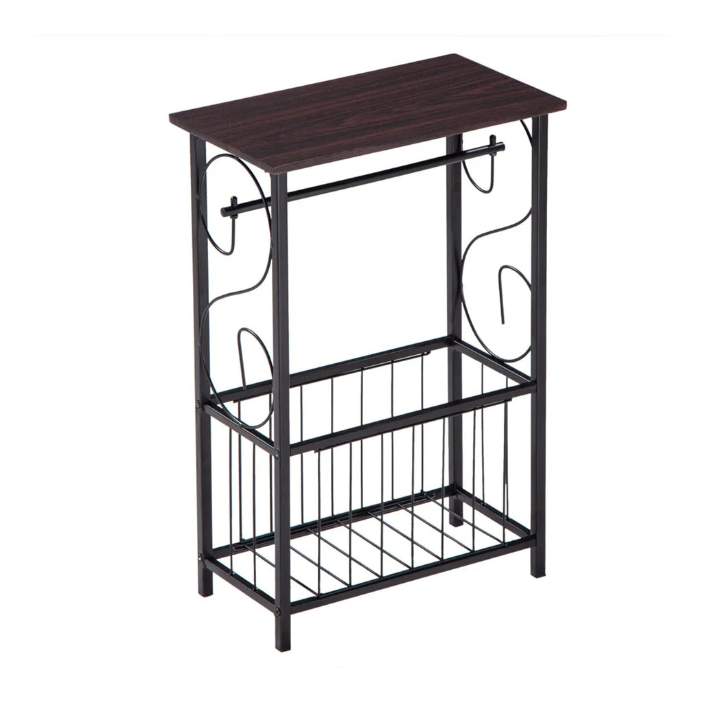 Narrow side table with wood-look top, paper roll bar and wire basket